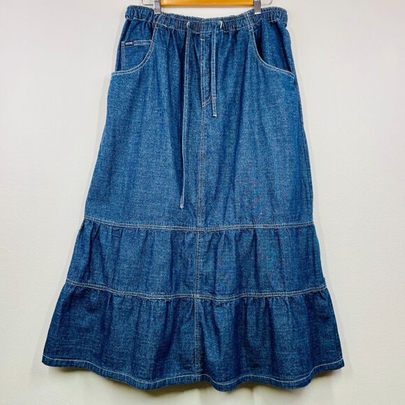 Vintage Denim Maxi Skirt Medium - Large Denim Tiered Skirt Boho Prairie Style 14 - Picture 1 of 11